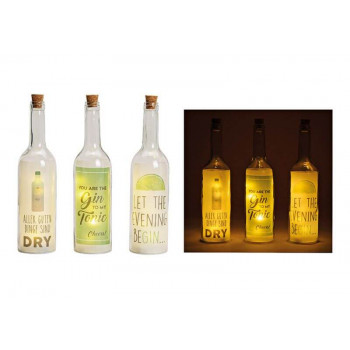 Glass bottle with key word GIN, with 5 pcs led lights, transperent.3 asst.  7x29x7cm 