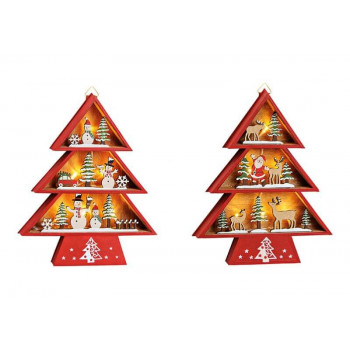 Christmas tree with santa, snowman design, with led lights, made of wood, 2 asst.   19x23x3cm 