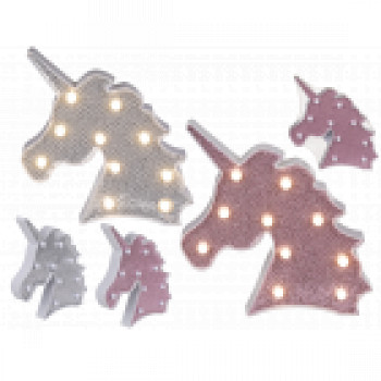 Illuminated plastic unicorn head, Glitter, with 10 LED, ca. 20 cm, 2 colours ass., for 2 mignon batt 