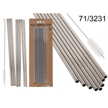Metal drinking straw with cleaning brush, L. ca. 23,5 cm, 8 pcs. in packaging with headercard 