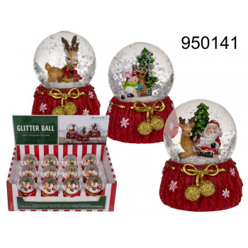 Polyresin snow globe with Reindeer & Santa, on red base, ca. 5, 5 x 6, 5 cm, 3 ass., 12 pcs. per dis 