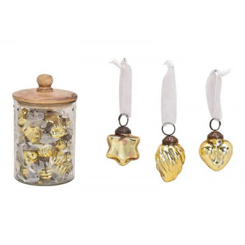 Hanger, glass, gold,  3 asst. 3,5cm, 48 pcs in glass jar with wooden lid, 12x20x12cm 