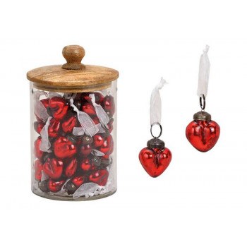 Hanger heart, glas, red,3x4x2cm, 48 pcs into glass jar with mangowood lid, 13x17x13cm 