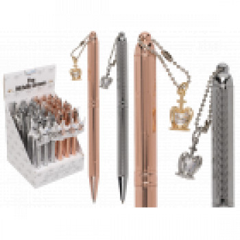 Metal Pen with pendant, Crown, ca. 14 cm, 2 colours ass., 36 pcs. per display 