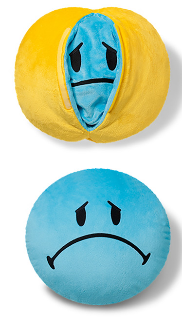 CUSHION SMILEY REVERSIBLE YELLOW HAPPY BLUE SAD 35CM ROUND 