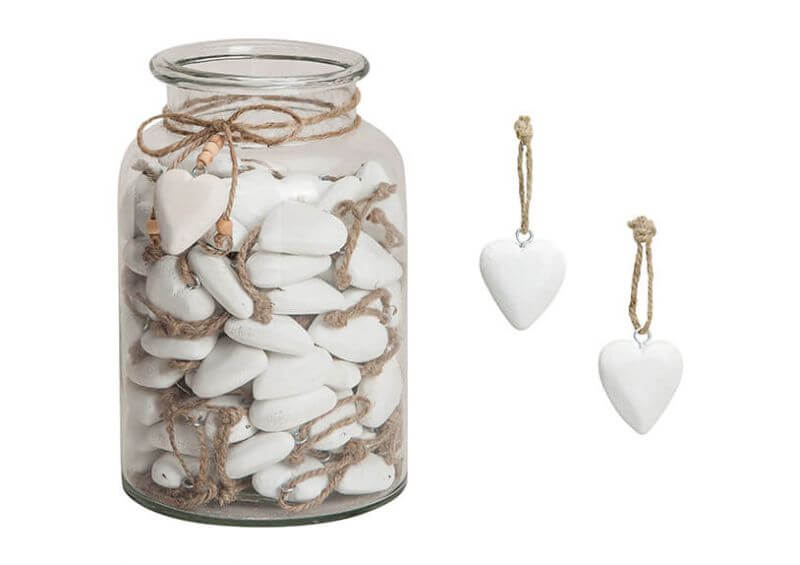 HANGER WHITE HEART WOOD 5CM} IN GLASS POT 