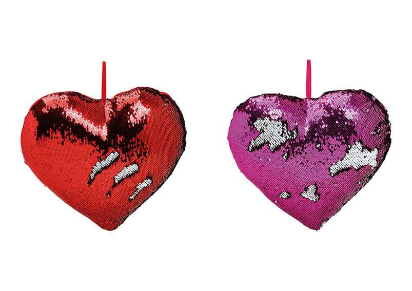 Cushion heartshape sequined, colourchange, textile, 2 assorted, (W/H/D) 35x10x35cm 