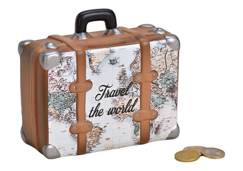 Saving bank, suitcase, with map design, Travel the world, ceramic, beige brown color, 14x13x6cm 