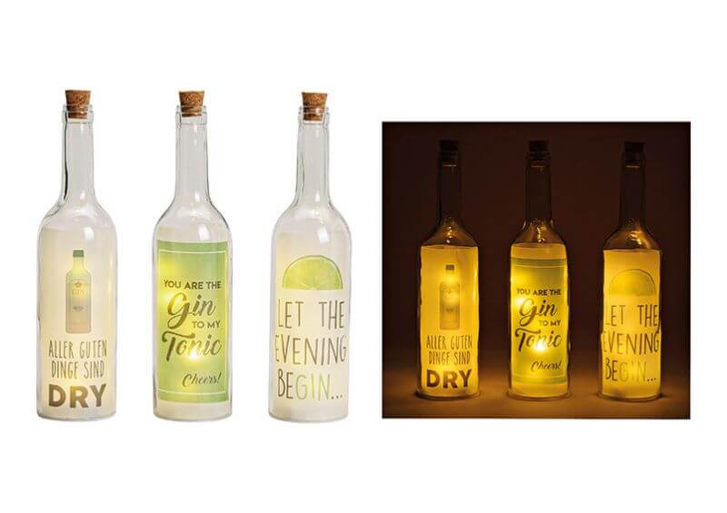 Glass bottle with key word GIN, with 5 pcs led lights, transperent.3 asst.  7x29x7cm 