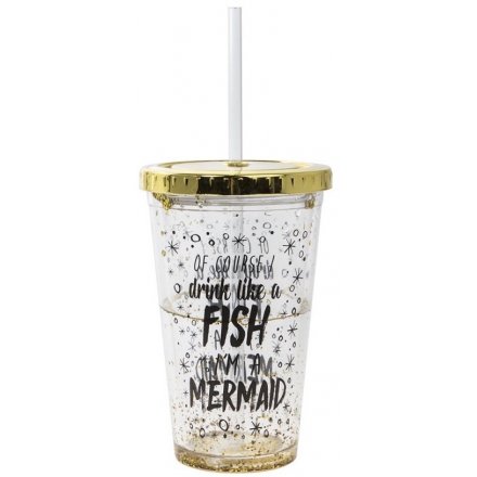 Šljašteća čaša sa poklopcem i slamkom GOLD GLITTER MERMAID 