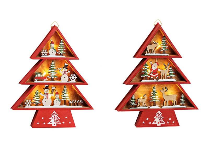 Christmas tree with santa, snowman design, with led lights, made of wood, 2 asst.   19x23x3cm 