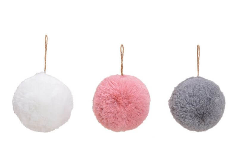 Hanger ball, plush, polyester, pink, white, grey, 3 asst.  9x9x9cm 