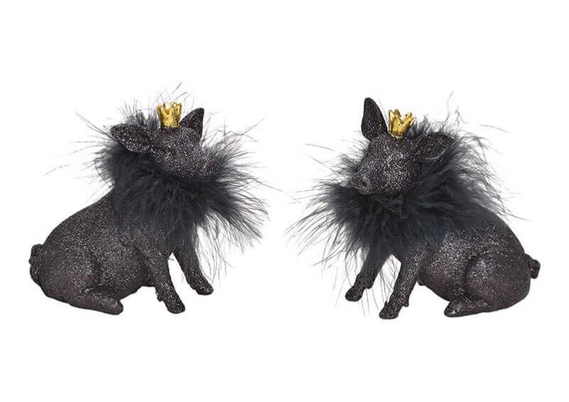 Pig glittery, poly, black, 2 asst.  6x12x13cm 