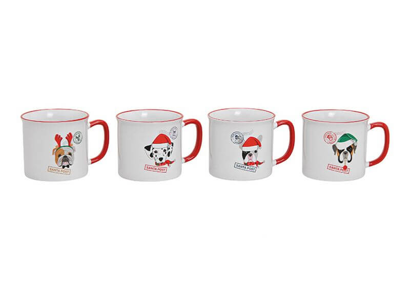 Mug dogs with christmas hat, made of porcelain, white color, 4 asst. 450ml 13x9x10cm 