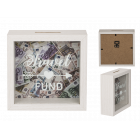 White wooden savings box, Travel Fund, approx. 15 x 15 cm 