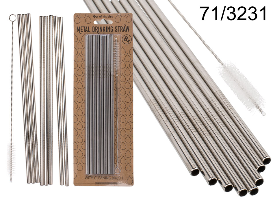 Metal drinking straw with cleaning brush, L. ca. 23,5 cm, 8 pcs. in packaging with headercard 