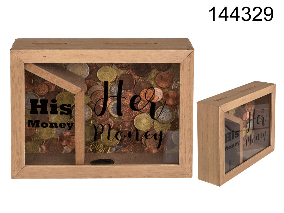 Wooden savings box, with two boxes His money & Her money, natural, approx. 20 x 15 cm 