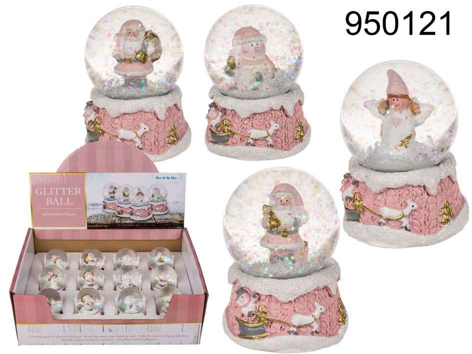 Polyresin snow globe with Christmas figurines, ca. 5 x 7 cm, polyresin, 4 ass.12 pcs. per display 