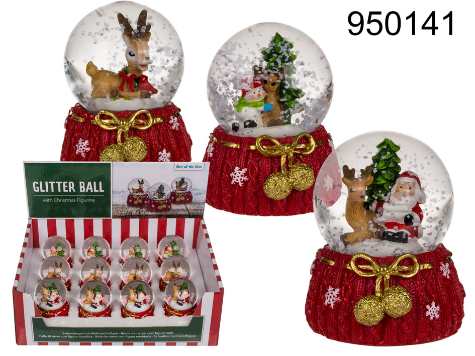 Polyresin snow globe with Reindeer & Santa, on red base, ca. 5, 5 x 6, 5 cm, 3 ass., 12 pcs. per dis 