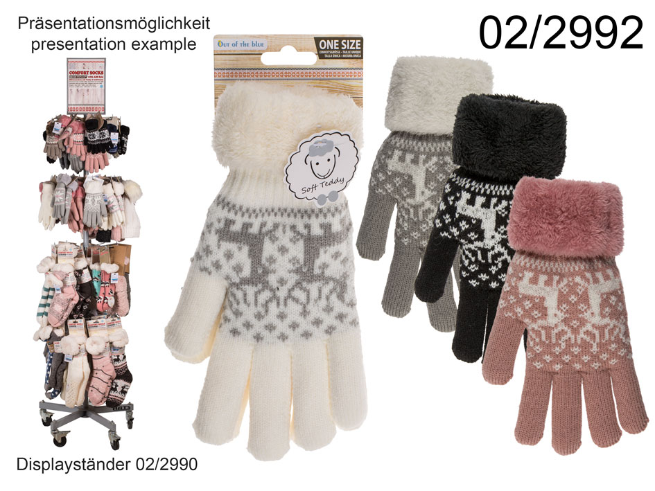 Comfort gloves, Reindeer, ca. 85 g, 100% Polyacryl, one size, 4 colours ass., with header card 