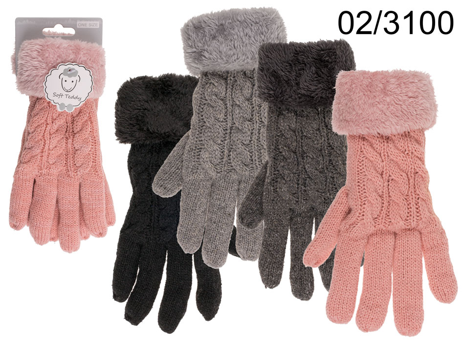 Comfort gloves, Cable Stich, ca. X g 100% Polyacryl, one size, 4 colours ass., with header card 