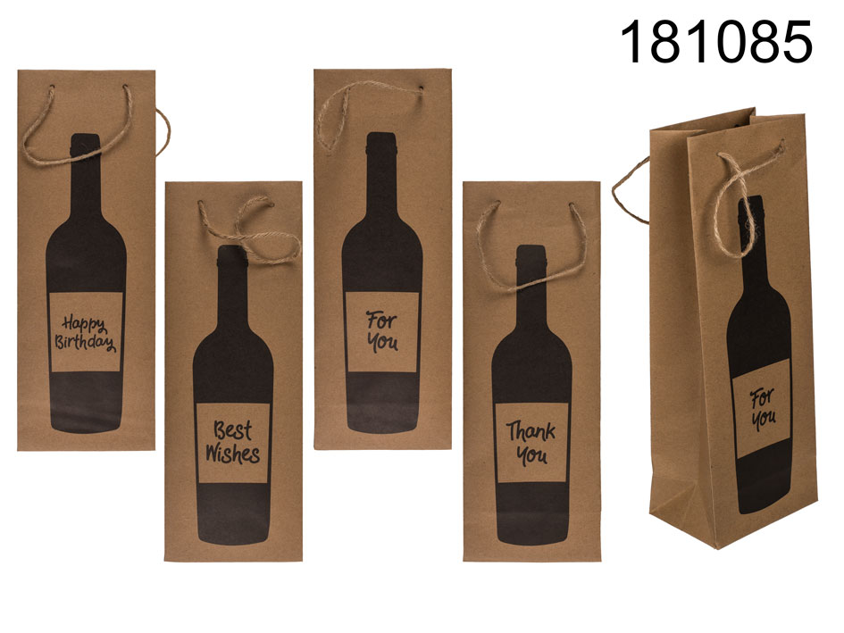Wine bottle craft paper gift bag, with jute handle, ca. 12, 5 x 9 x 35 cm, 4 ass., 12 pcs. per polyb 