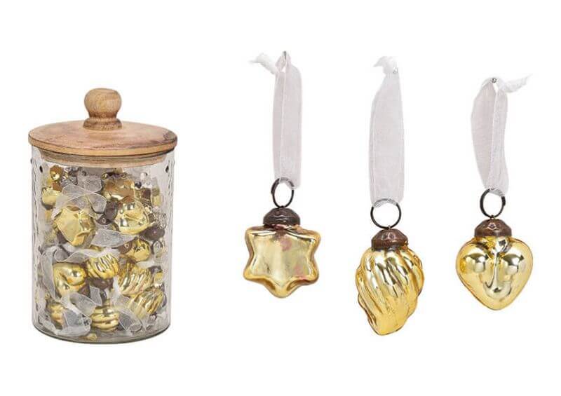 Hanger, glass, gold,  3 asst. 3,5cm, 48 pcs in glass jar with wooden lid, 12x20x12cm 