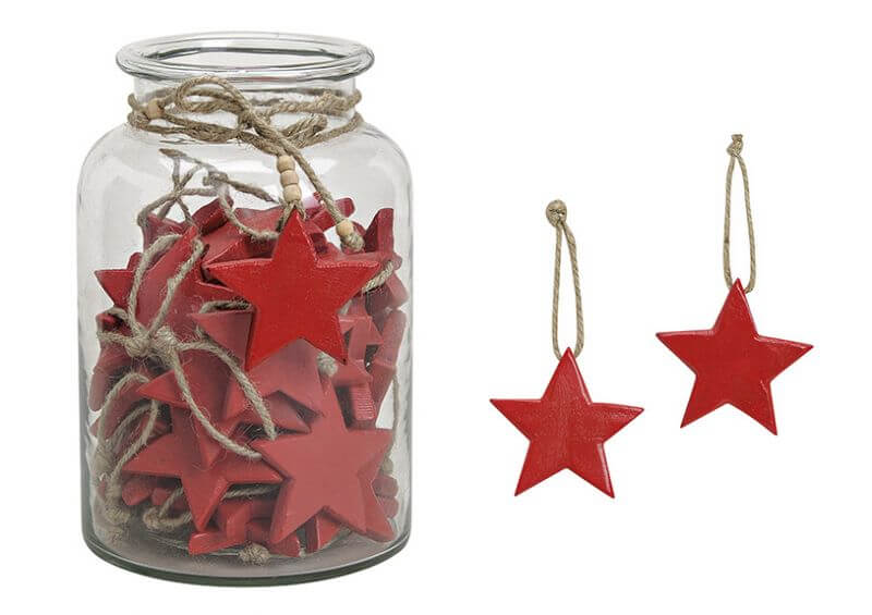 HANGER STAR RED  in glass jar,  WOO D 8CM} 