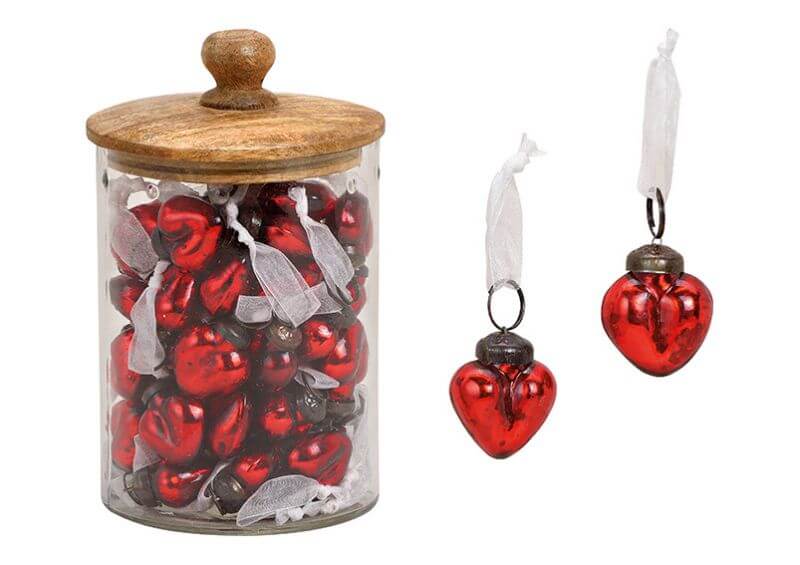 Hanger heart, glas, red,3x4x2cm, 48 pcs into glass jar with mangowood lid, 13x17x13cm 