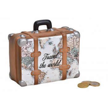 Saving bank, suitcase, with map design, Travel the world, ceramic, beige brown color, 14x13x6cm 