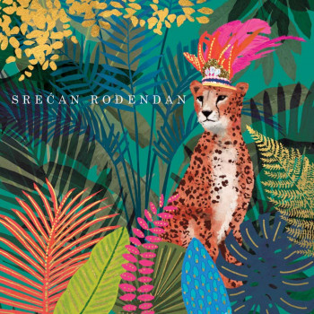 Čestitka SREĆAN ROĐENDAN -GEPARD SA ŠEŠIROM OD PERJA 