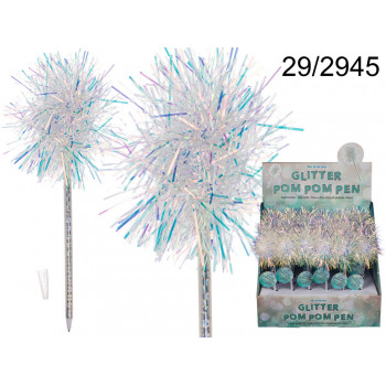 White coloured plastic pen, glitter Pom Pom, ca. 22 cm, 24 pcs. per display 