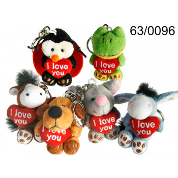 Metall-Keyring, plush animals with red heart I love you, ca. 6 cm, 6 asstd. 