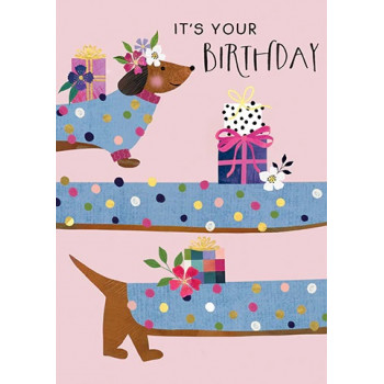 Rođendanska čestitka SAUSAGE DOG AND PRESENTS 