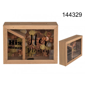 Wooden savings box, with two boxes His money & Her money, natural, approx. 20 x 15 cm 
