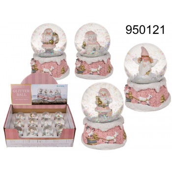 Polyresin snow globe with Christmas figurines, ca. 5 x 7 cm, polyresin, 4 ass.12 pcs. per display 