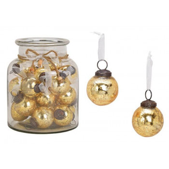 Hanger ball, glass, gold, 5x5x5cm, 24 pcs in glass jar, size 16x26x16cm 