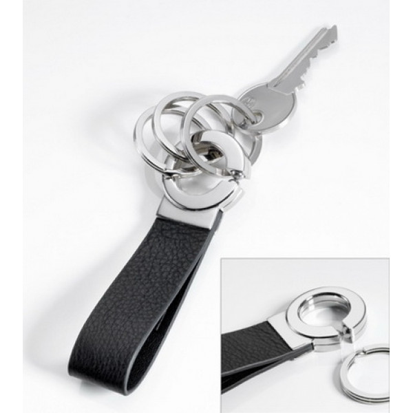 KEY CLICK KEY HOLDER LEATHER LOOP PLATED METAL WITH 3 METAL RINGS FOR KEYS BLACK 
