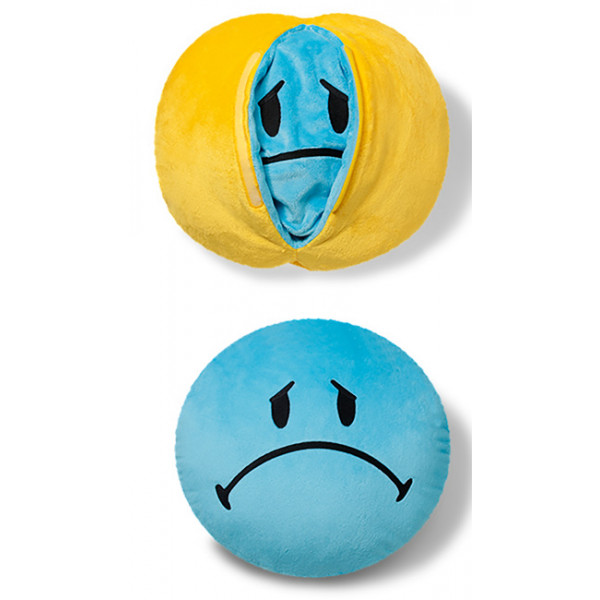 CUSHION SMILEY REVERSIBLE YELLOW HAPPY BLUE SAD 35CM ROUND 