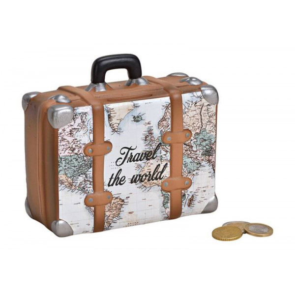 Saving bank, suitcase, with map design, Travel the world, ceramic, beige brown color, 14x13x6cm 