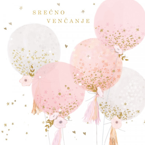 Čestitka SREĆNO VENČANJE - roze i beli baloni 