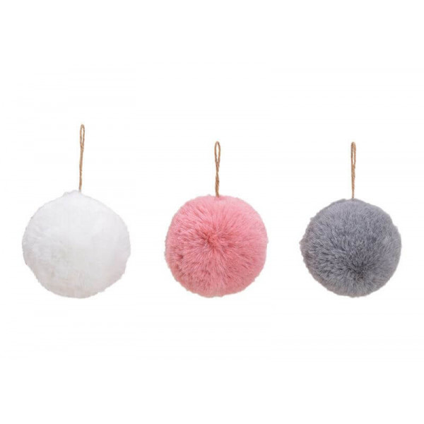 Hanger ball, plush, polyester, pink, white, grey, 3 asst.  9x9x9cm 