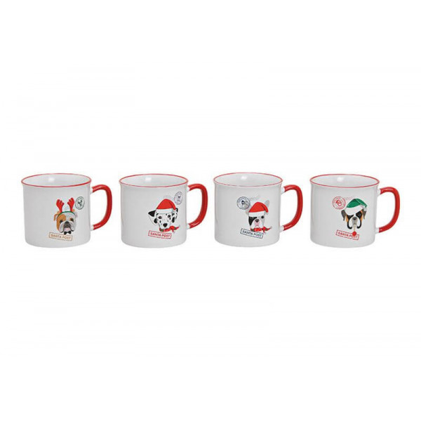 Mug dogs with christmas hat, made of porcelain, white color, 4 asst. 450ml 13x9x10cm 