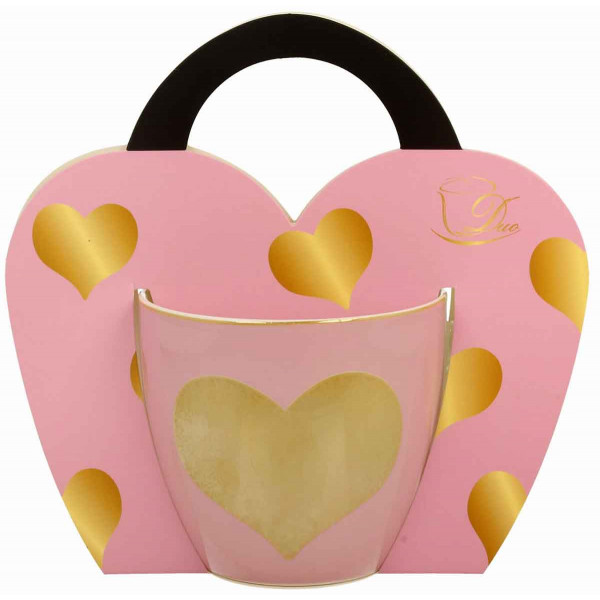 Velika roze šolja ZLATNO SRCE u kartonskoj torbici 