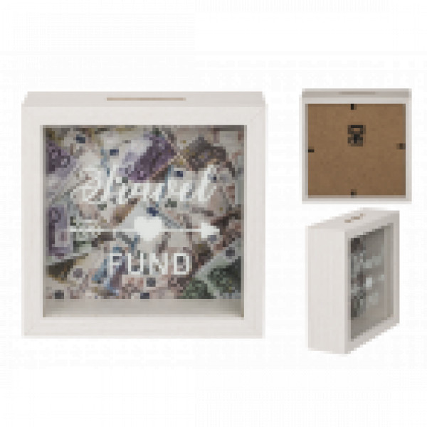 White wooden savings box, Travel Fund, approx. 15 x 15 cm 