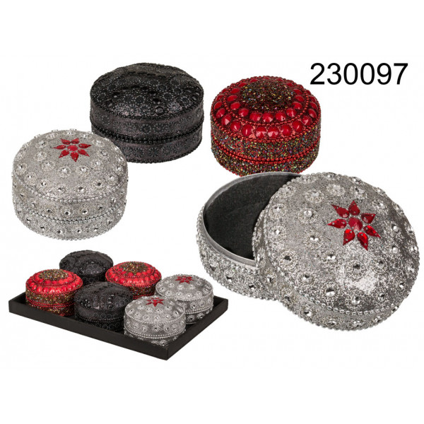 Round jewelry box, ca. 8 cm (red, silver, black ass.) 6 pcs. per display 