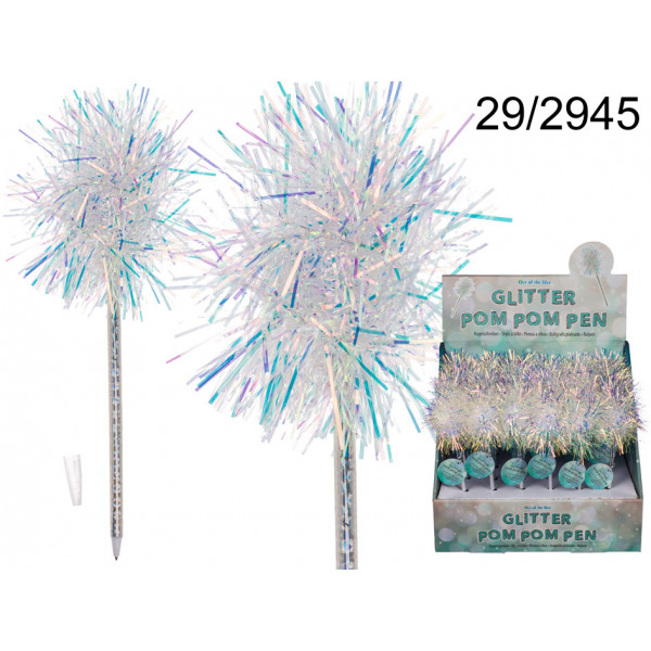 White coloured plastic pen, glitter Pom Pom, ca. 22 cm, 24 pcs. per display 