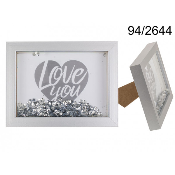 Silver wooden frame, Silver Sequin Glitter, ca. 21 x 15 cm, for 1 photo 13 x 18 cm 