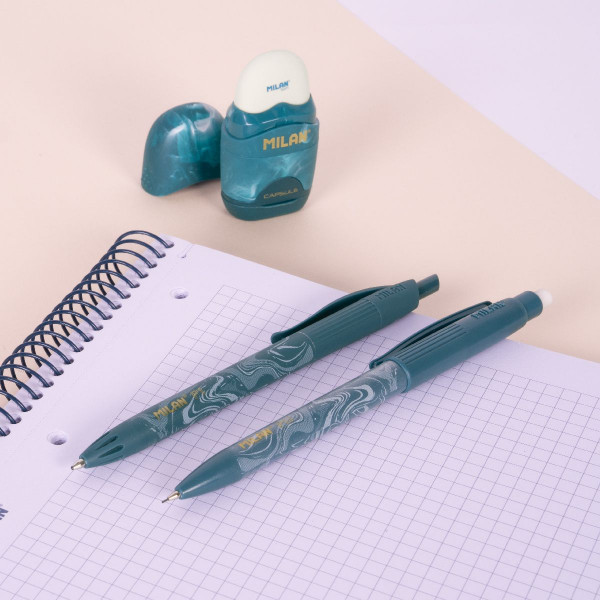 Školski set MILAN - BLUE (patent olovka, hemijska, gumica sa rezačem) 