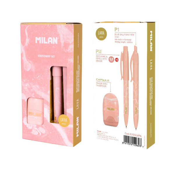 Školski set MILAN - PINK (patent olovka, hemijska, gumica sa rezačem) 